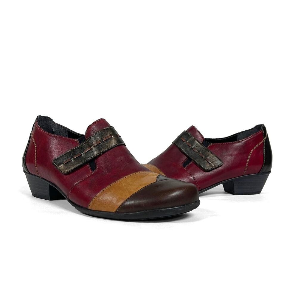 remonte Leather Color Block Shoe Sz 39 8 Comfort Slip-On 1.5” Heel Red Brown Tan